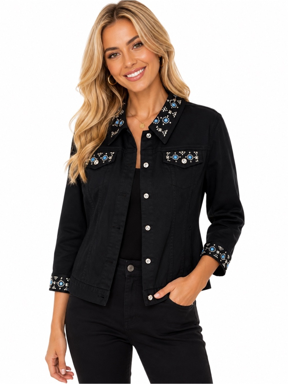 Ruby Rd. Jacket Size 18 Black Studded Rhinestone Embellished 3/4 Sleeve Western